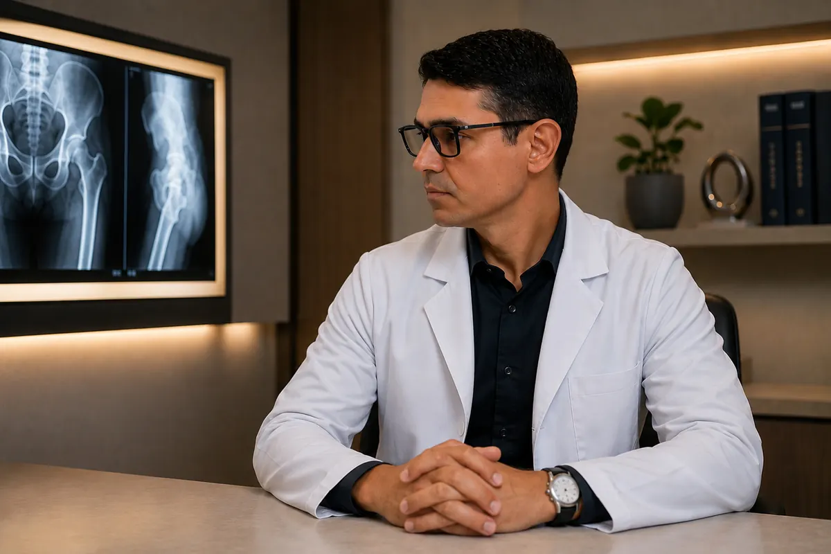 Dr. João Lopo analisando radiografias do quadril no consultório