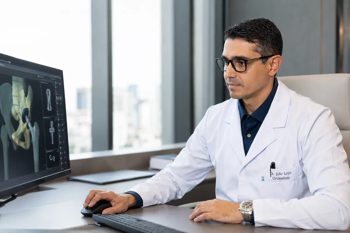Dr. João Lopo no consultório analisando o planejamento 3D de uma cirurgia de quadril