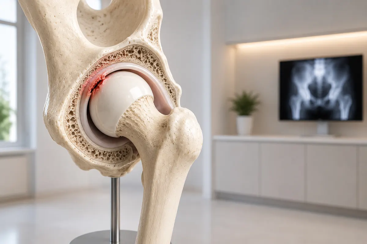 Modelo do quadril com a lesão do labrum destacada na borda do acetábulo